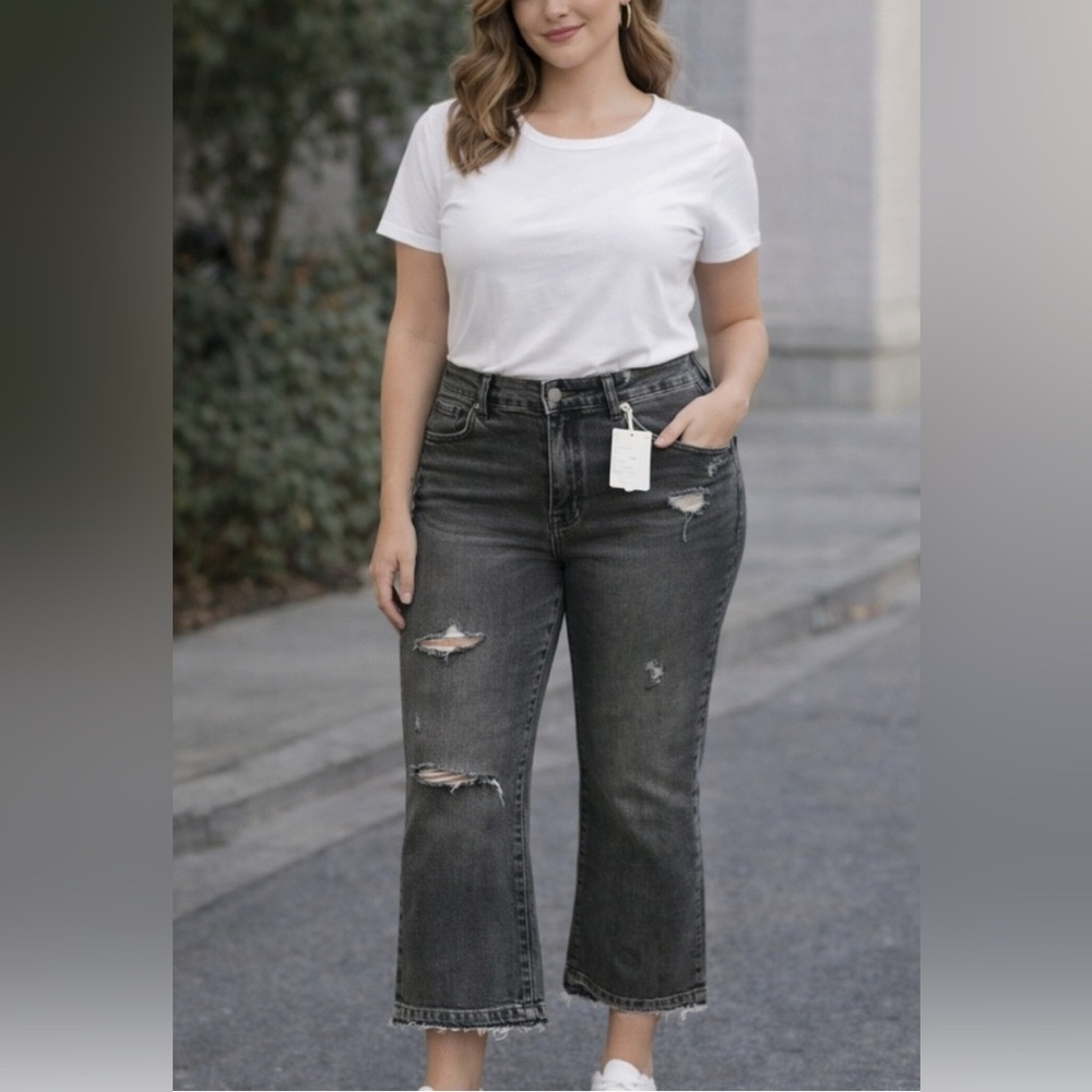 a.n.a Black Distressed Cropped Flare Jeans